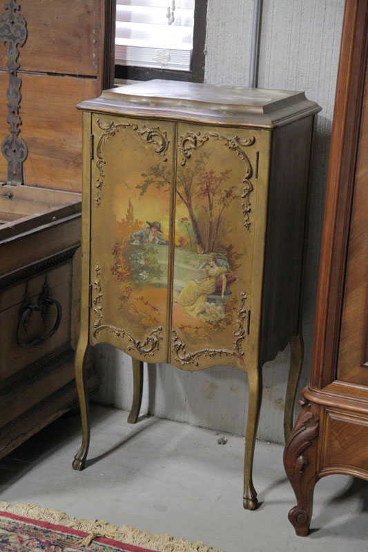 Appraisal: MUSIC CABINET Paint decorated cabinet having an ox bow front