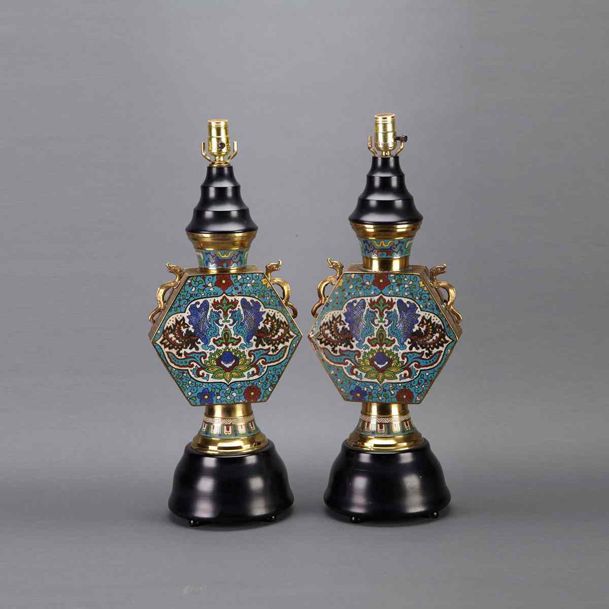 Appraisal: Pair of Chinese Champleve Enamelled Bronze Pilgrim Flasks early th