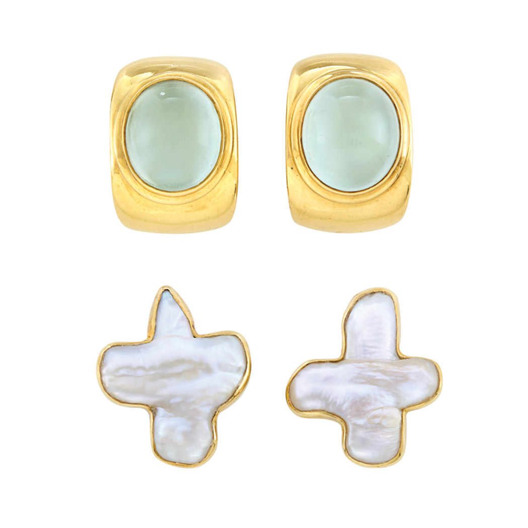 Appraisal: Pair of Gold and Gray Chalcedony Earclips Fred and Pair