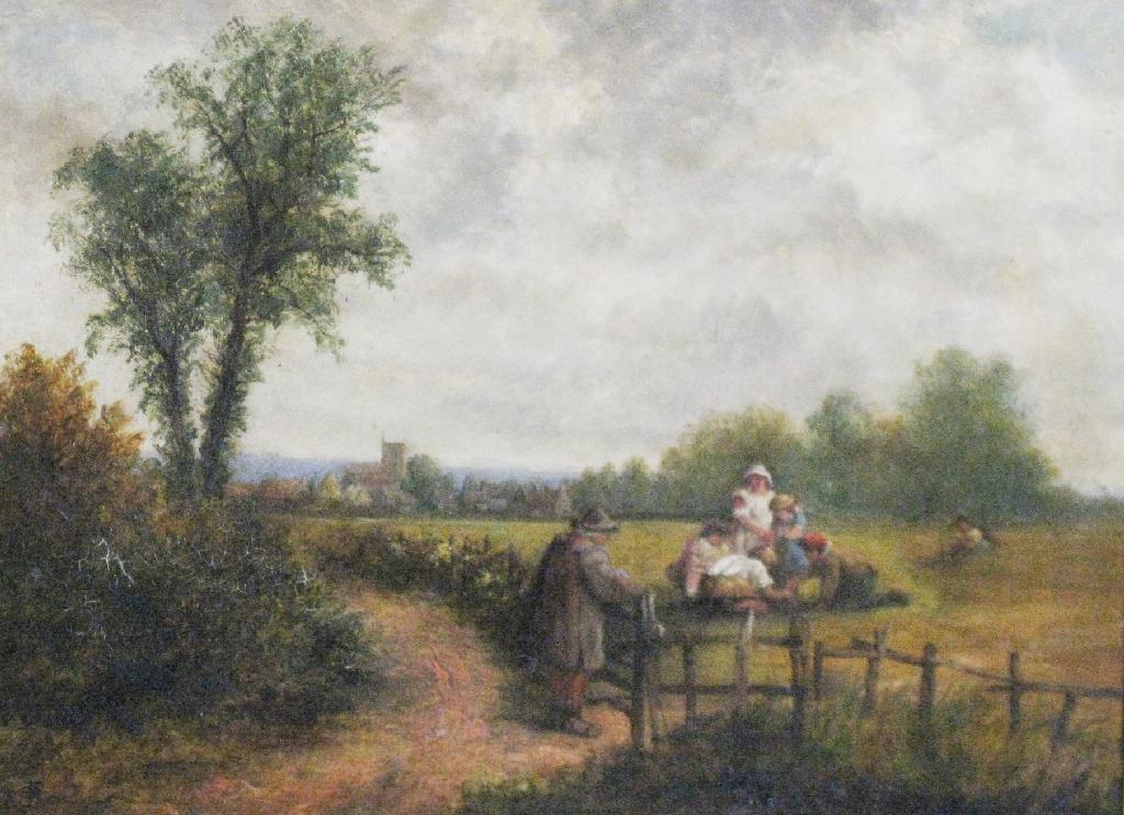 Appraisal: ENGLISH SCHOOL CIRCA Children playing in a Meadow bears monogram'