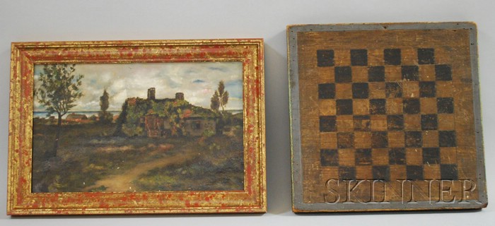 Appraisal: Small Painted Wooden Checkers Game Board and a Small Framed