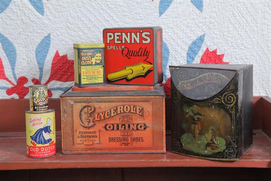 Appraisal: SIX ADVERTISING TINS Including Glycerole Shoe Oil Penn's Tobacco G