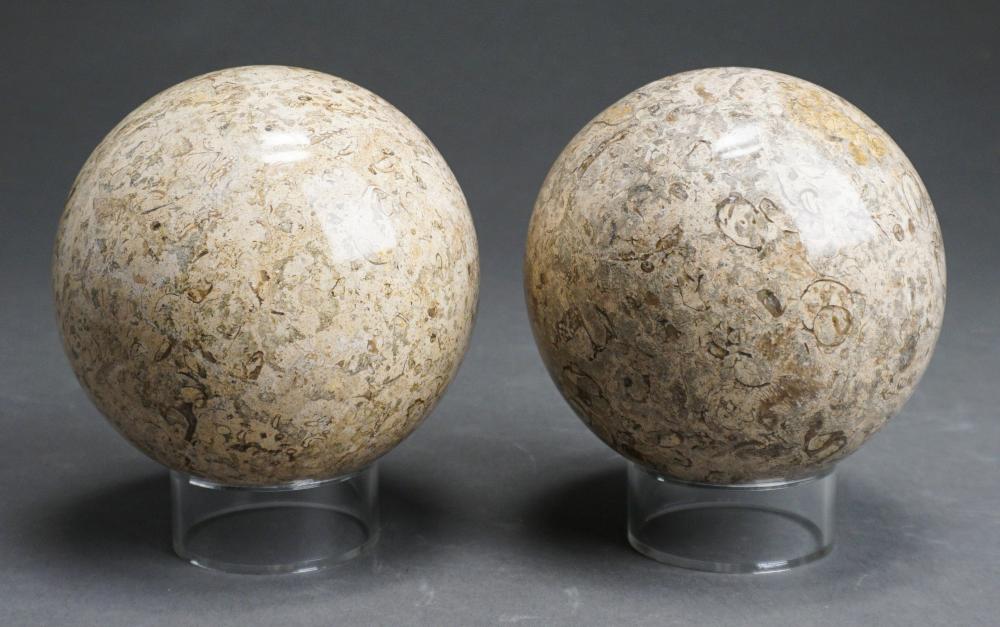 Appraisal: PAIR POLISHED BONE FOSSIL SPHERES ON STANDS H OF EACH