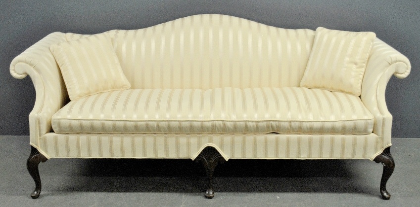 Appraisal: - Queen Anne style camelback sofa with ivory striped sateen