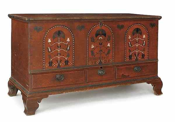 Appraisal: Pennsylvania painted dower chest dated inscribed Johannes Hock decorated with