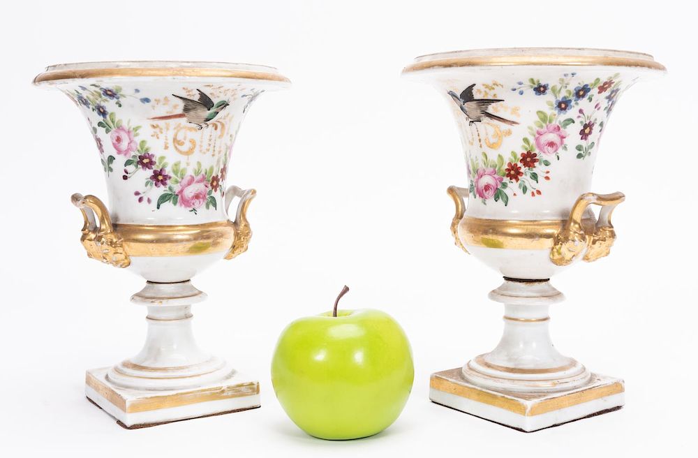 Appraisal: Pair Old Paris Bird and Floral Porcelain Urns Early th