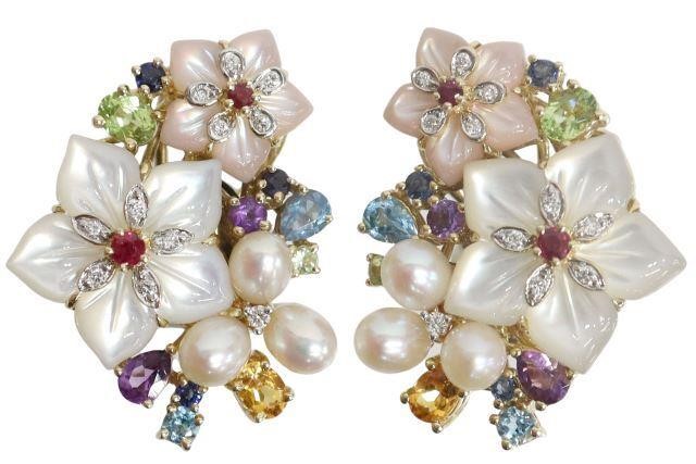 Appraisal: pair Estate kt yellow gold earrings multi-gem clusters with mother-of-pearl