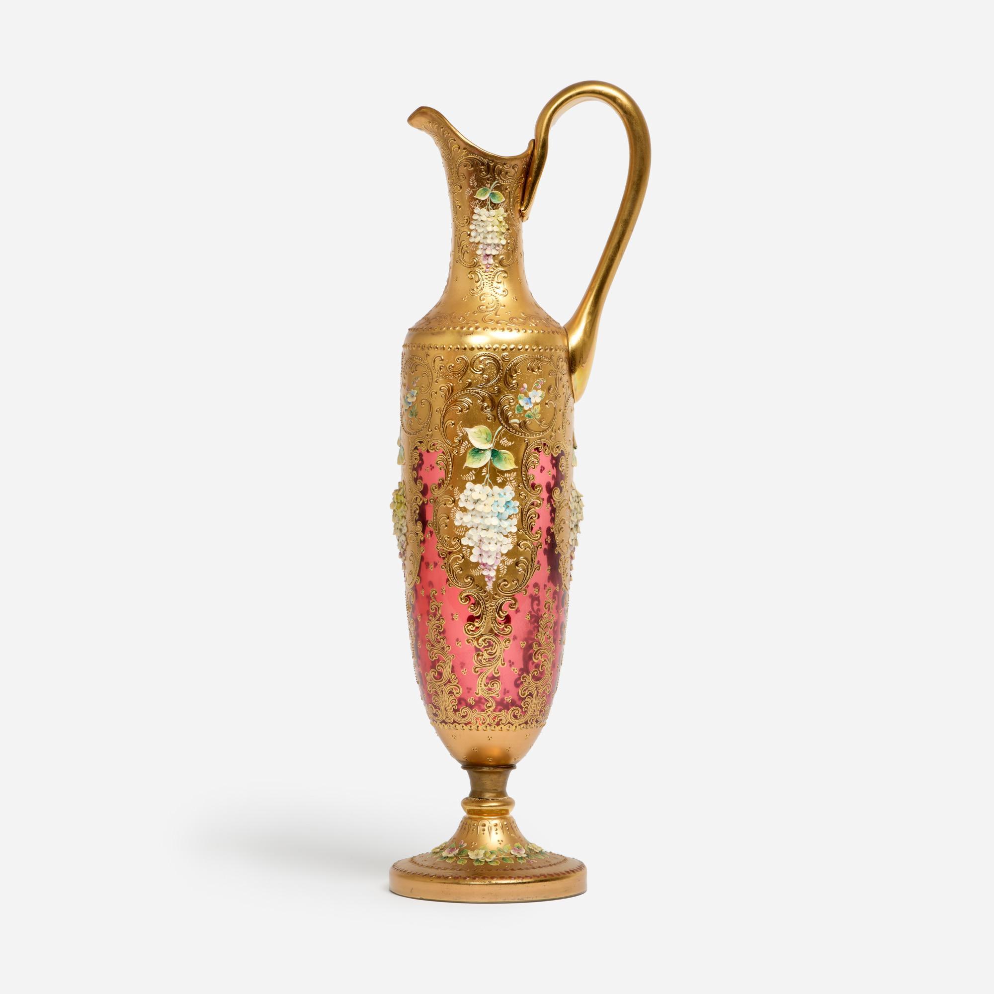 Appraisal: HOLZNER KARLSBAD GILT ENAMELED CRANBERRY GLASS EWER An early th