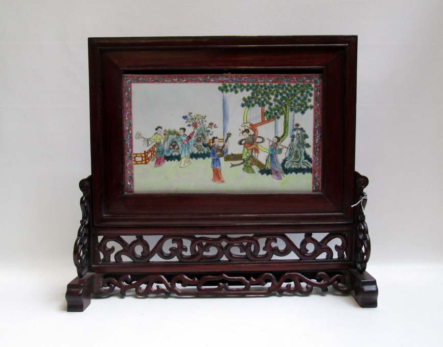 Appraisal: CHINESE MING-STYLE TABLE SCREEN featuring an enameled painting depicting playful