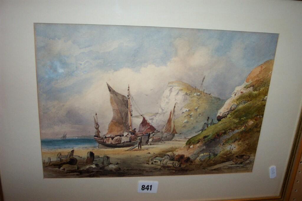 Appraisal: A th century watercolour of a coastal scene with fishing