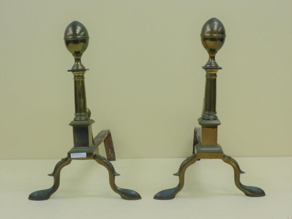 Appraisal: PAIR OF AMERICAN BRASS LEMON TOP ANDIRONS LATE th c