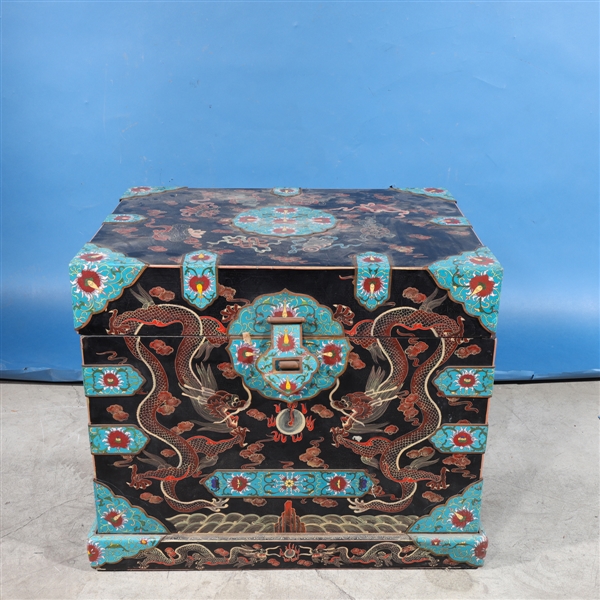 Appraisal: Chinese wood and metal enameled chest with dragons and flaming