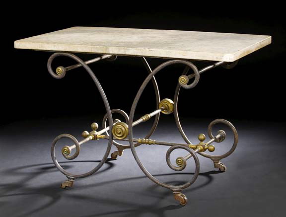 Appraisal: Napoleon III-Style Brass-Mounted Wrought-Iron and Limestone-Top Garden Table the weathered