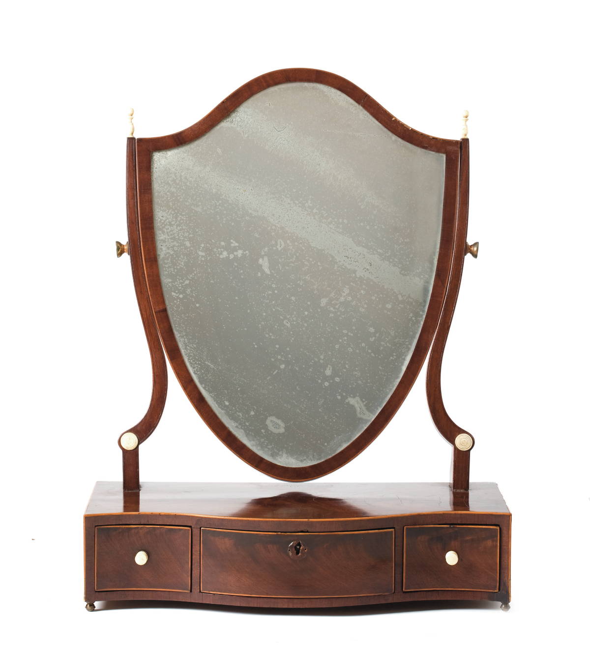 Appraisal: HEPPLEWHITE INLAID MAHOGANY SHIELD-BACK DRESSING MIRROR The shield-back mirror with