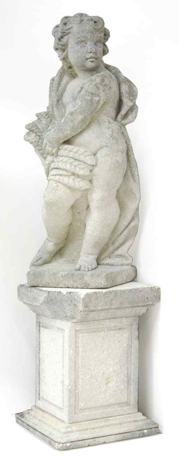 Appraisal: CEMENT GARDEN FIGURE OF A CHERUB th CenturyWith cloak and