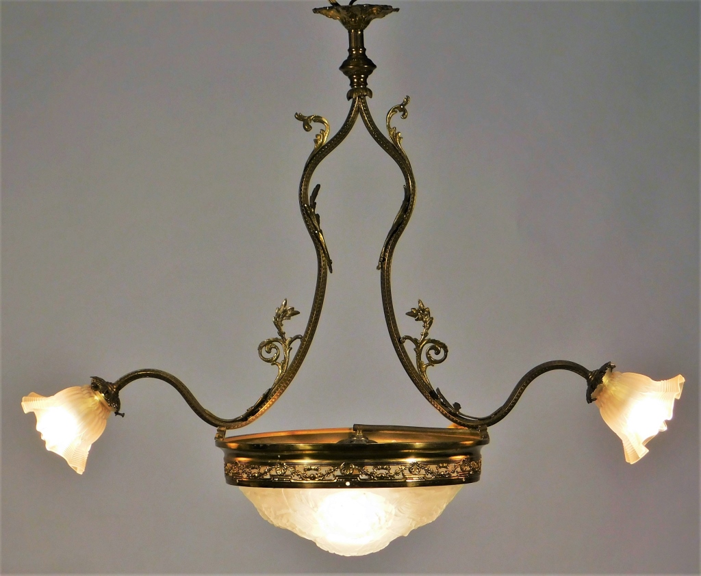 Appraisal: FRENCH ART NOUVEAU BRASS HYDRANGEA CHANDELIER France Early th CenturyTwo