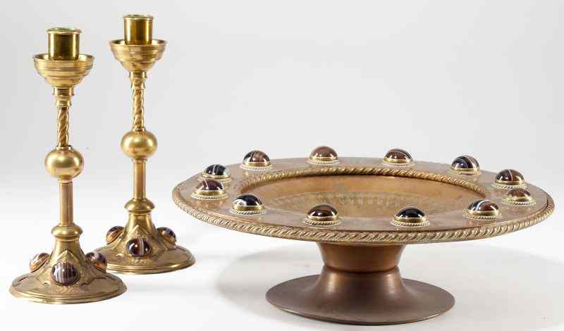 Appraisal: Brass Compote and Candlesticks Inset with Agatelikely Near Eastern early