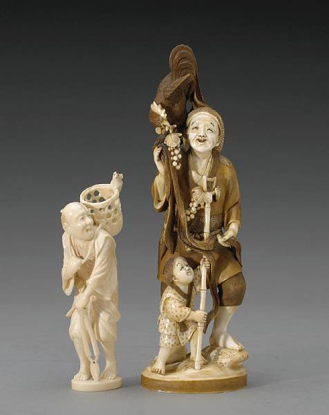 Appraisal: Two ivory figural okimono The first depicting a gardener standing