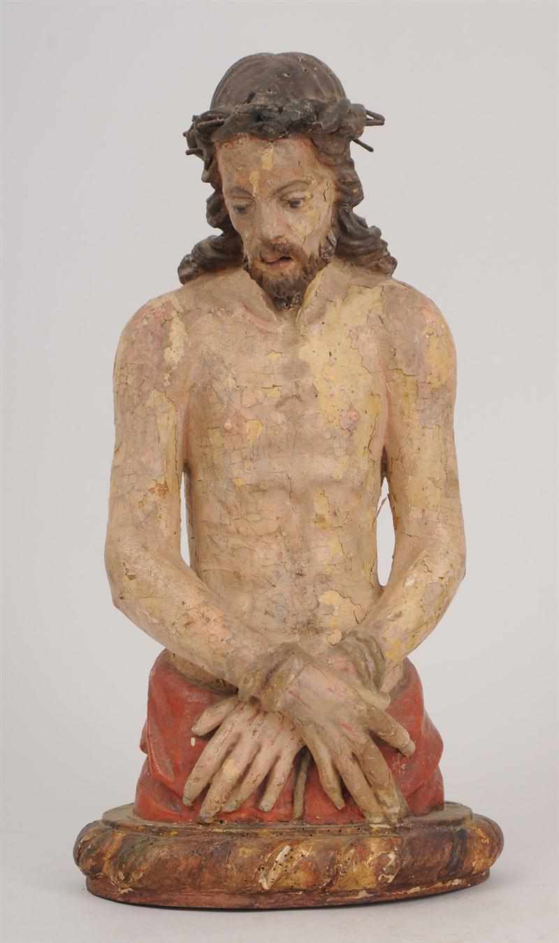 Appraisal: CONTINENTAL CARVED POLYCHROME HALF-LENGTH FIGURE OF CHRIST AT THE PILLAR