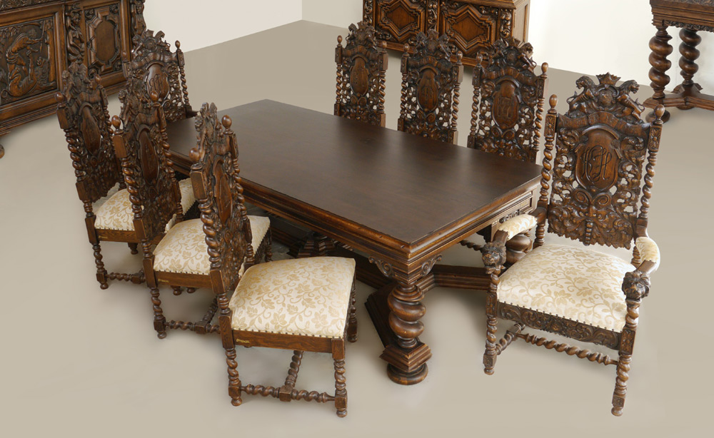 Appraisal: STENCEL CUSTOM CARVED OAK DINING TABLE AND CHAIRS Fit for