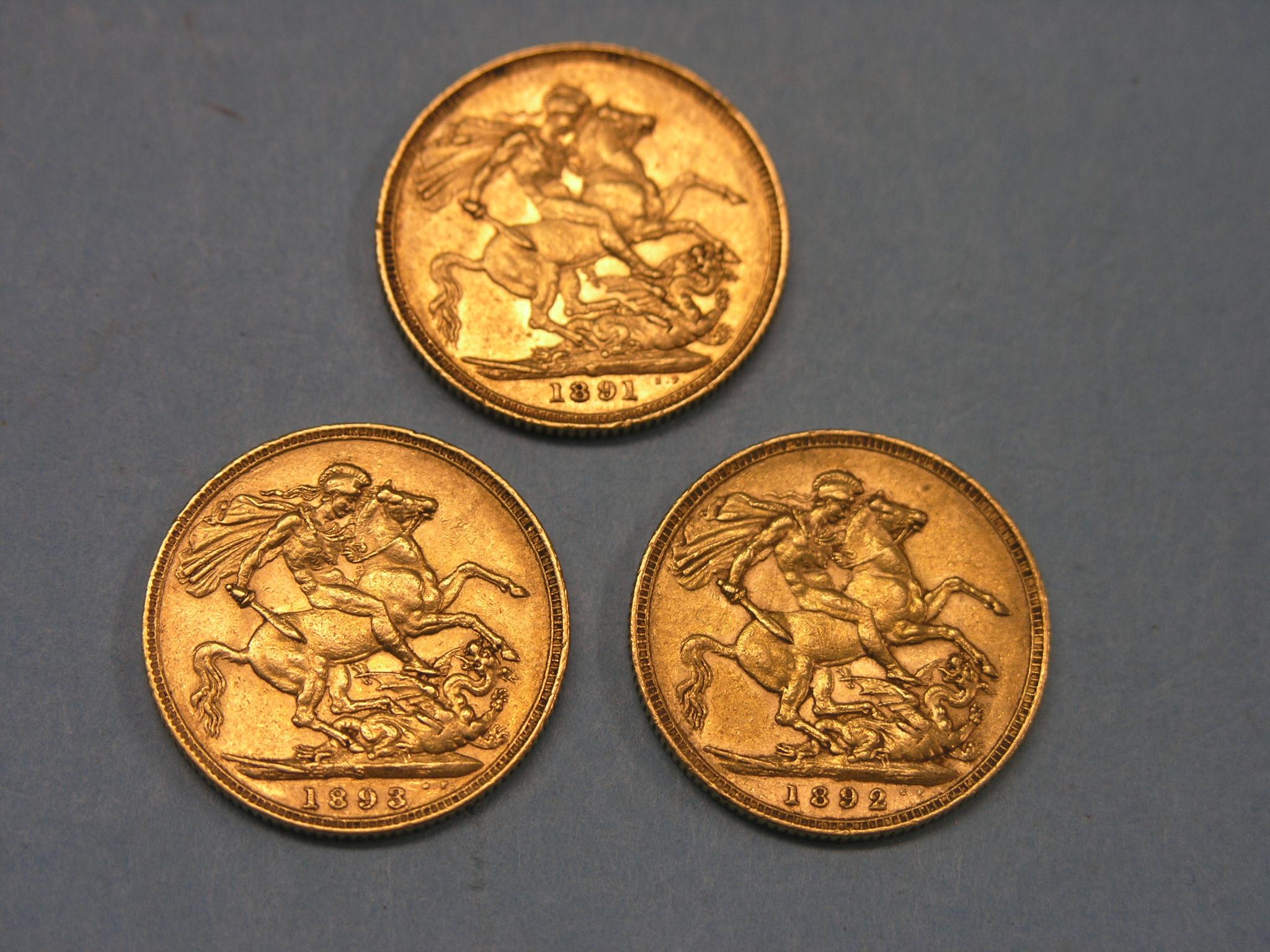 Appraisal: Three Victorian gold Sovereigns includes two Sydney mint