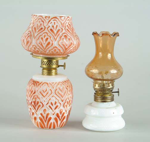 Appraisal: TWO MINIATURE MILK GLASS LAMPS - embossed design with fired