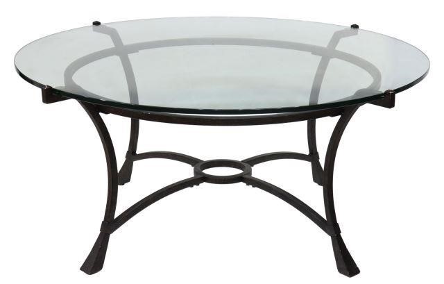 Appraisal: Glass-top wrought iron coffee table late th c circular glass