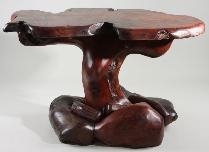 Appraisal: Burled Redwood Table th c massive base highly polished Private