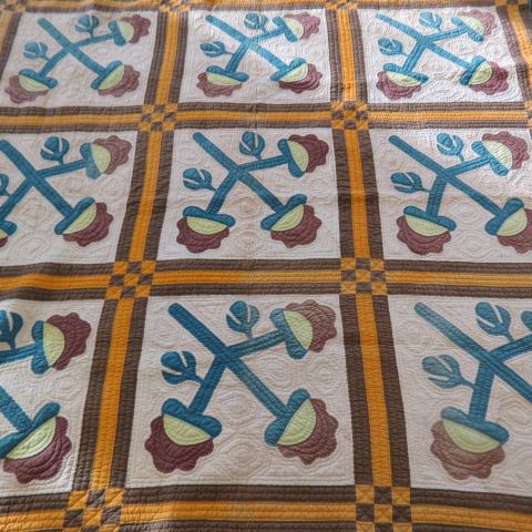 Appraisal: Early Antique Handmade Quilt beautiful floral orange and brown squares