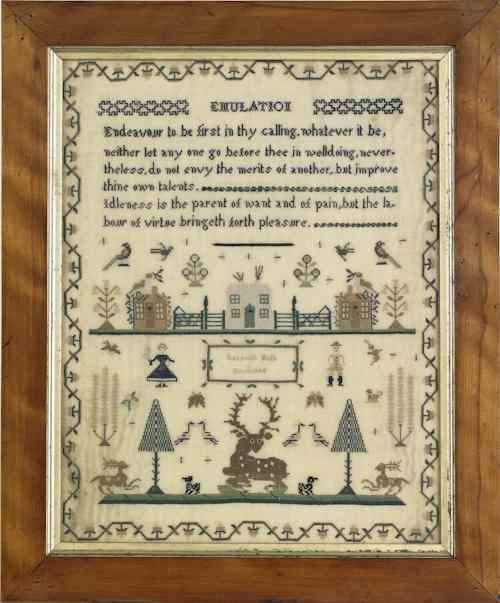 Appraisal: English silk on linen sampler dated wrought by Rosanah Moth