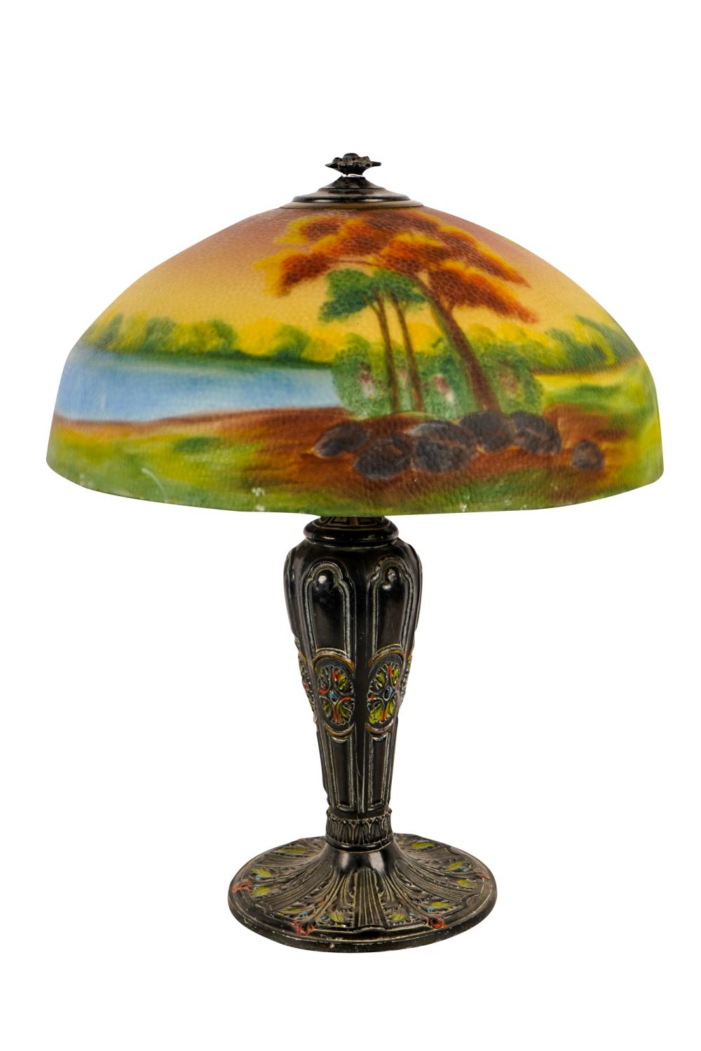 Appraisal: REVERSE PAINTED LANDSCAPE TABLE LAMPreverse painted textured glass shade with