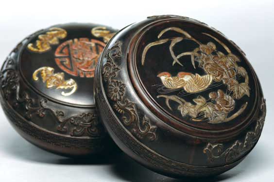 Appraisal: TWO APPLIQU HARDWOOD BOXES Two Chinese carved and appliqu d