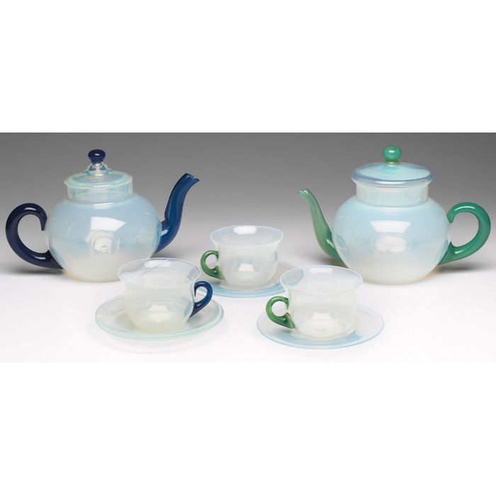 Appraisal: Fry teapot and cup and two saucers attribution opalescent glass