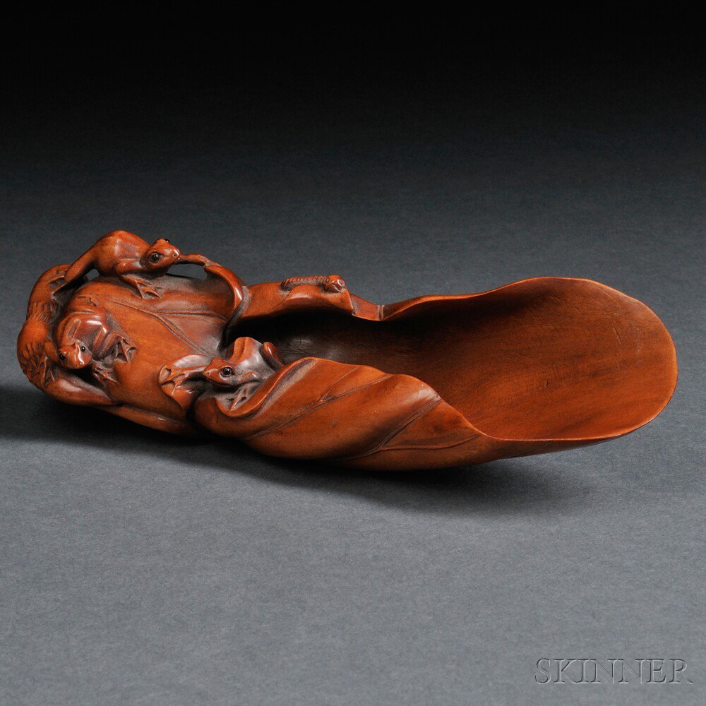 Appraisal: Boxwood Tea Scoop Japan th century depicting a curled lotus