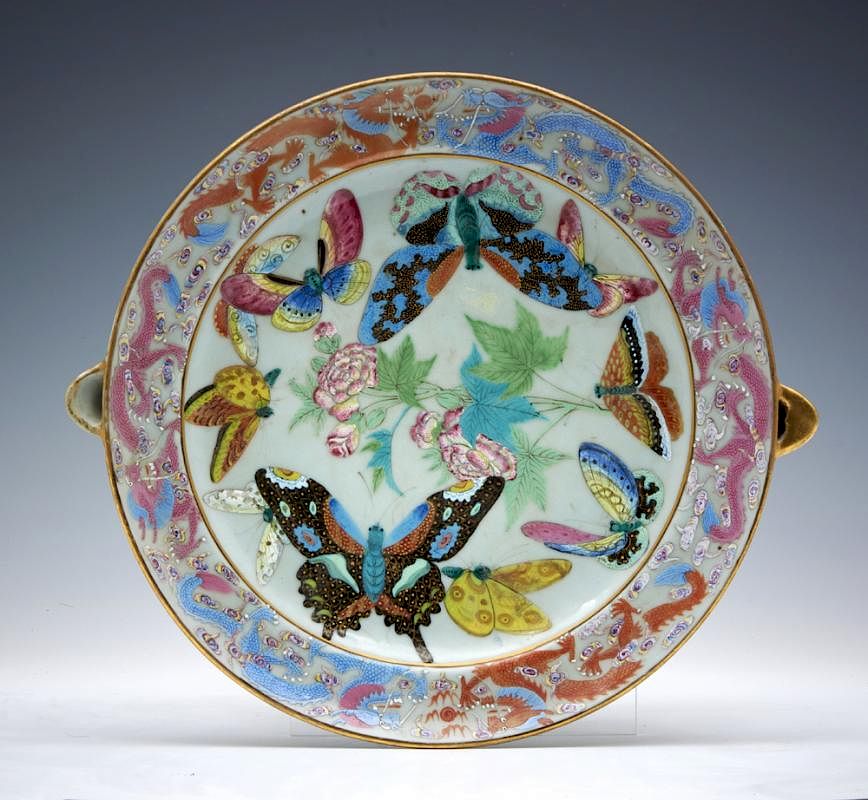 Appraisal: Chinese warming bowl with butterflies w Chinese warming bowl with