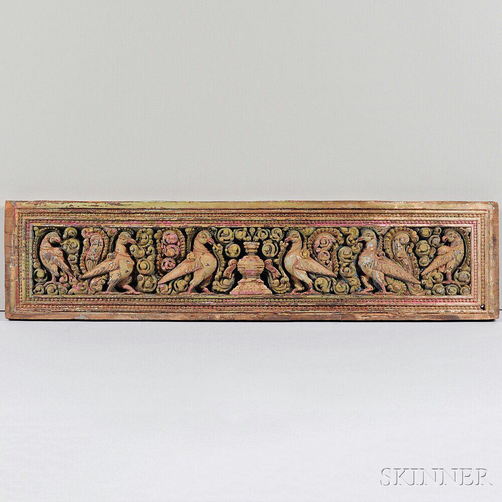 Appraisal: Polychrome Wooden Lintel Frieze India the rectangular panel carved in