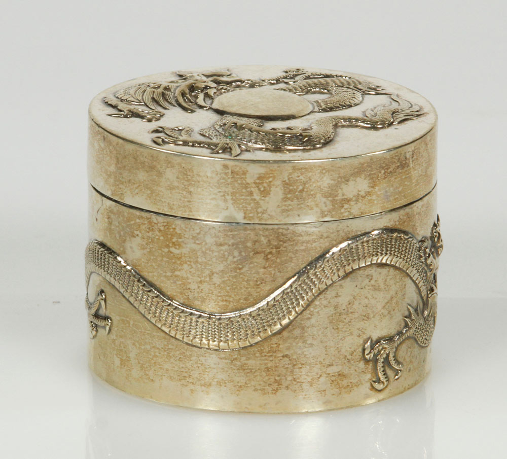 Appraisal: - Chinese Sterling Box Chinese sterling round box with dragons