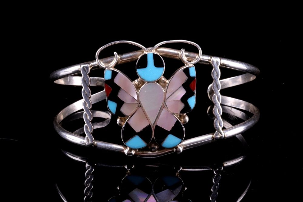 Appraisal: Zuni A Dishta Silver Butterfly Mosaic Bracelet Featured in this