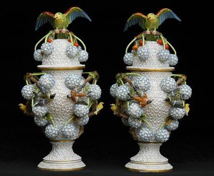 Appraisal: PAIR OF MEISSEN PORCELAIN FLORAL ENCRUSTED VASES AND COVERS Each