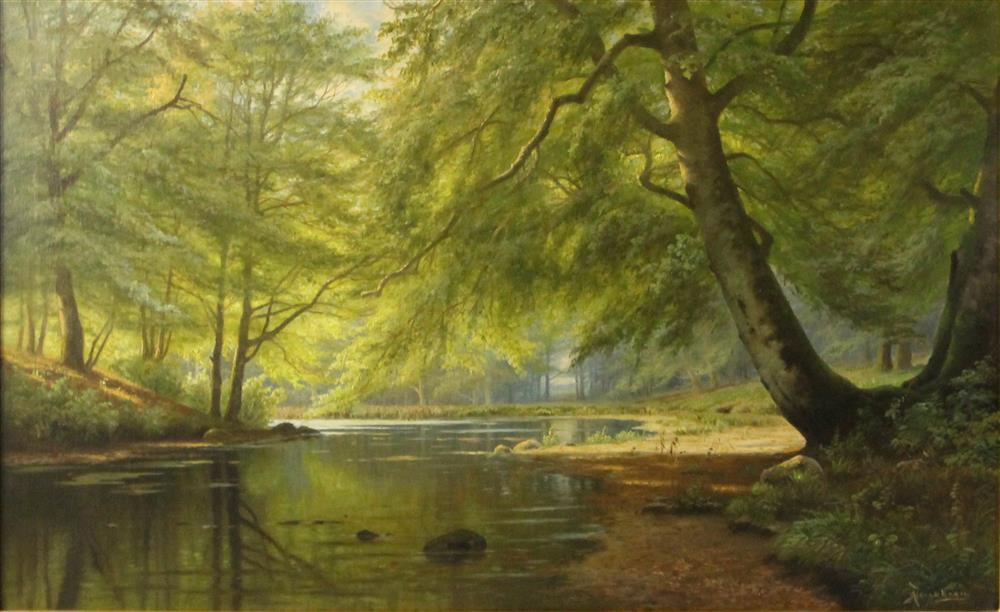 Appraisal: AUGUST JULIUS JACOBSEN NORWEGIAN - WOODED LANDSCAPE WITH RIVER Oil