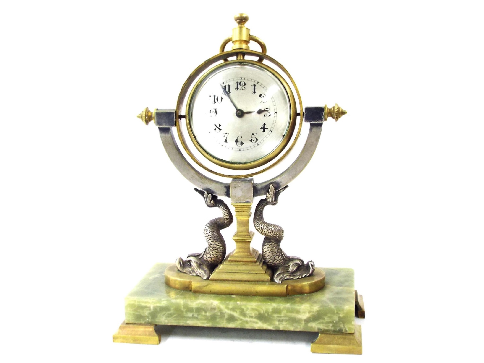 Appraisal: Decorative silvered brass and green onyx industrial mantel clock timepiece