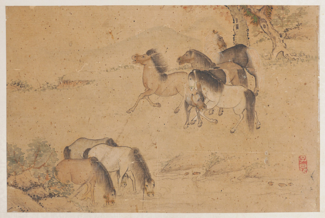 Appraisal: EARLY ORIENTAL PAINTING OF HORSES Mounted in protective wooden cover