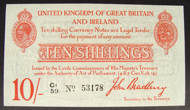 Appraisal: United Kingdom and Ireland ten shilling note signed John Bradbury