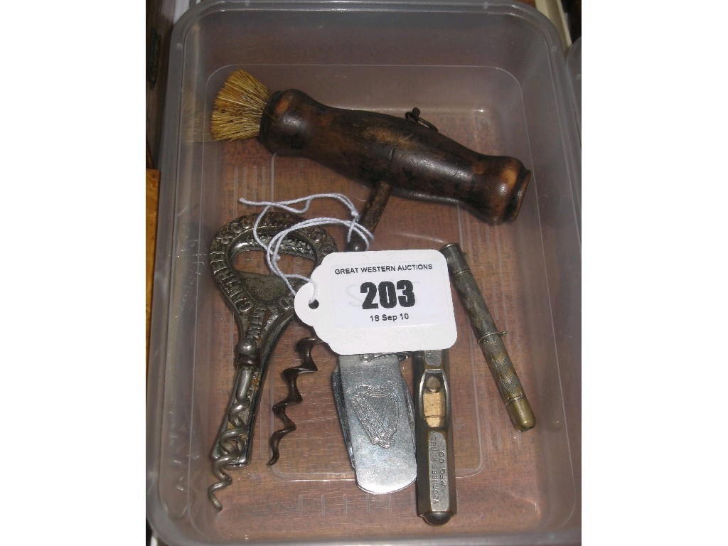 Appraisal: Lot comprising corkscrew bottle openers spirit level etc