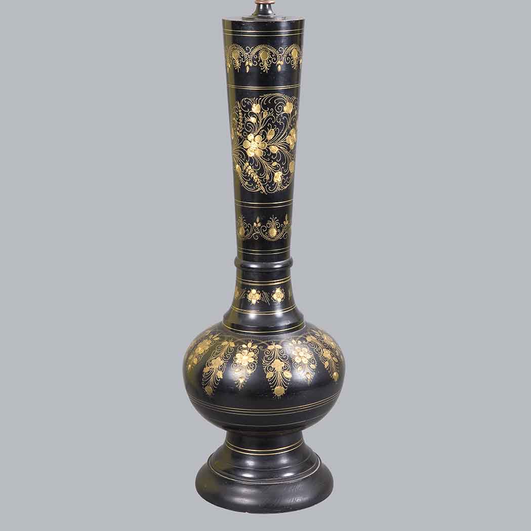 Appraisal: Japanese Etched and Painted Brass Vase Mounted as a lamp