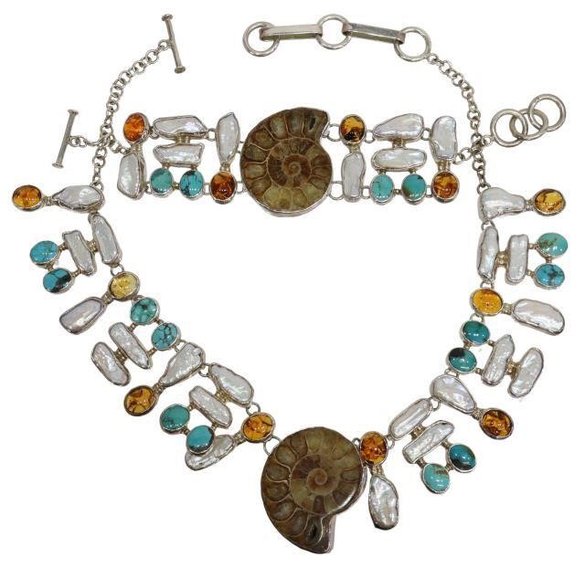 Appraisal: lot of silver jewelry set with sliced ammonite fossils turquoise