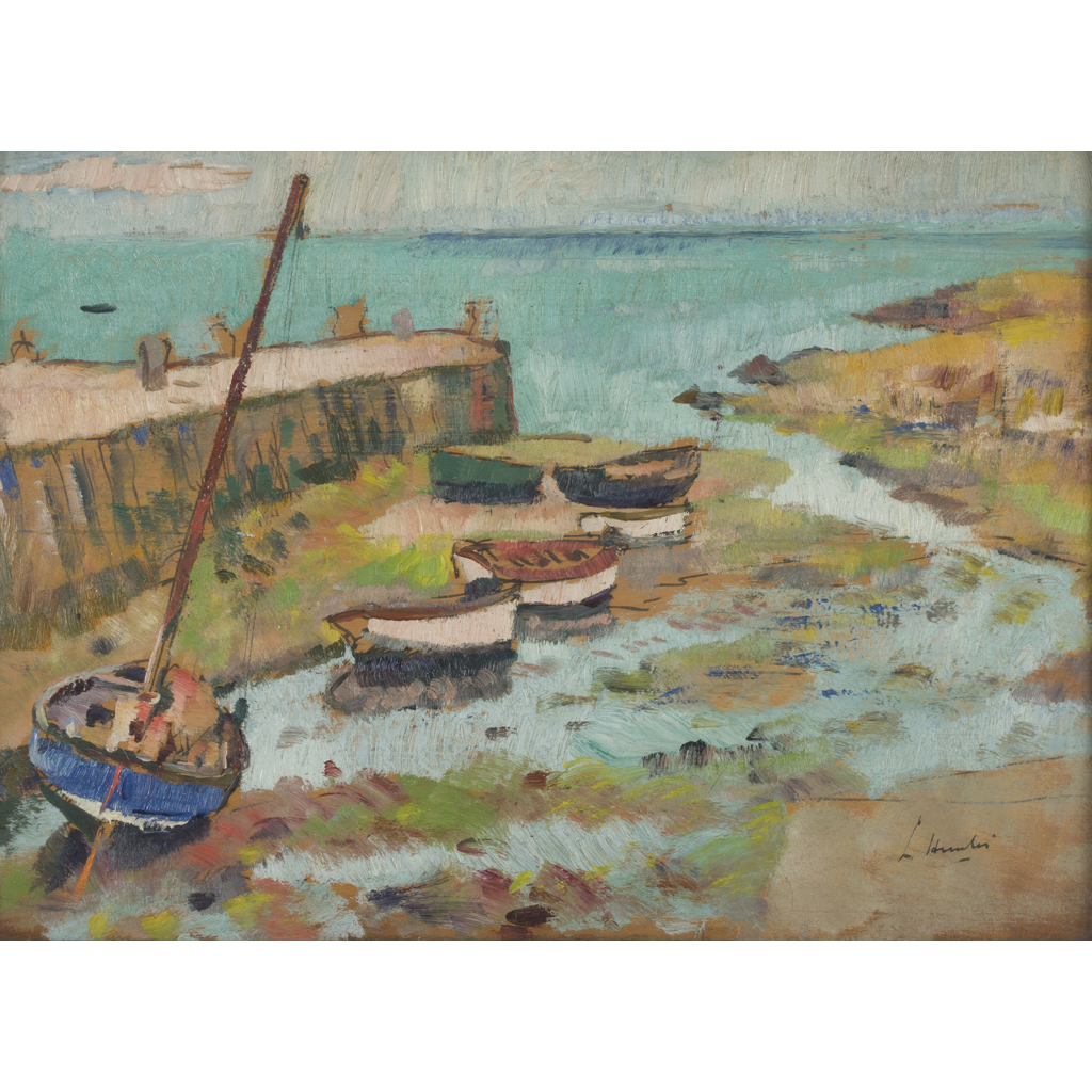 Appraisal: GEORGE LESLIE HUNTER SCOTTISH - BOATS IN HARBOUR Signed oil