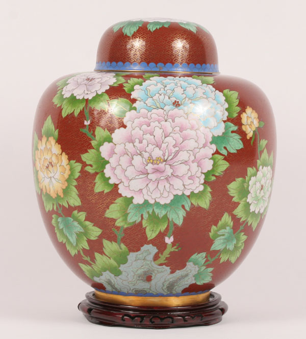 Appraisal: Large Asian cloisonne covered jar on stand Jar H