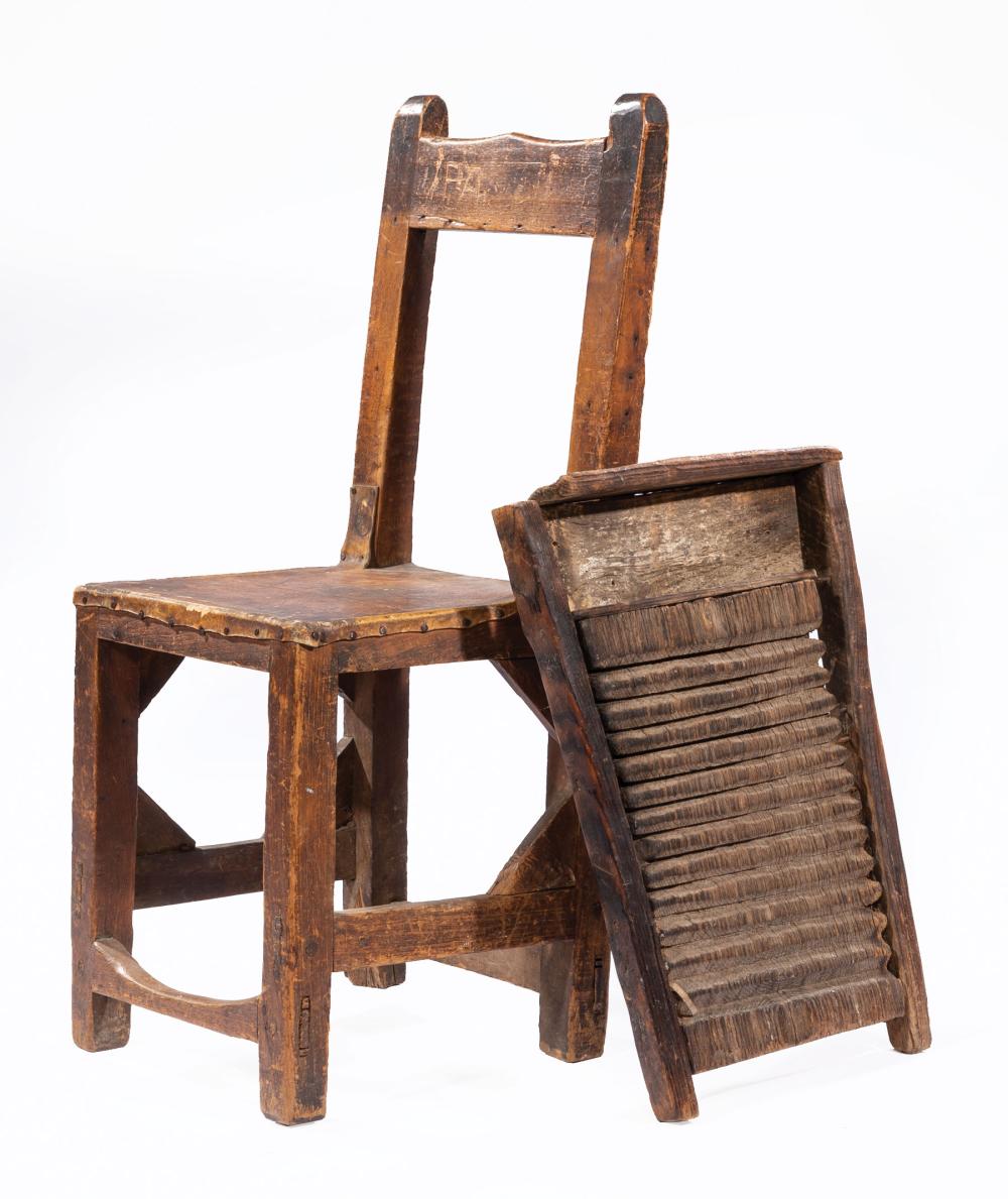 Appraisal: Early Louisiana Carved Pine Side Chair and Cypress Washboard probably