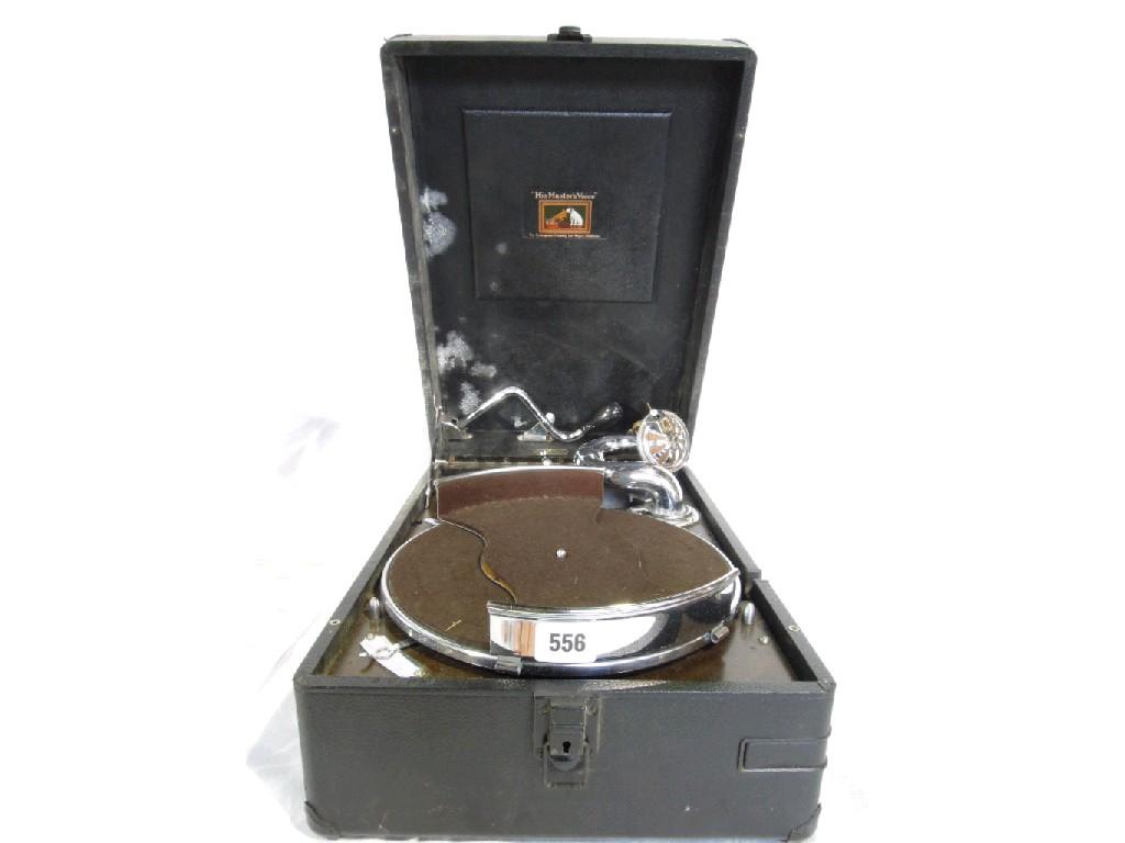 Appraisal: A HMV portable record player with chromium finish to the